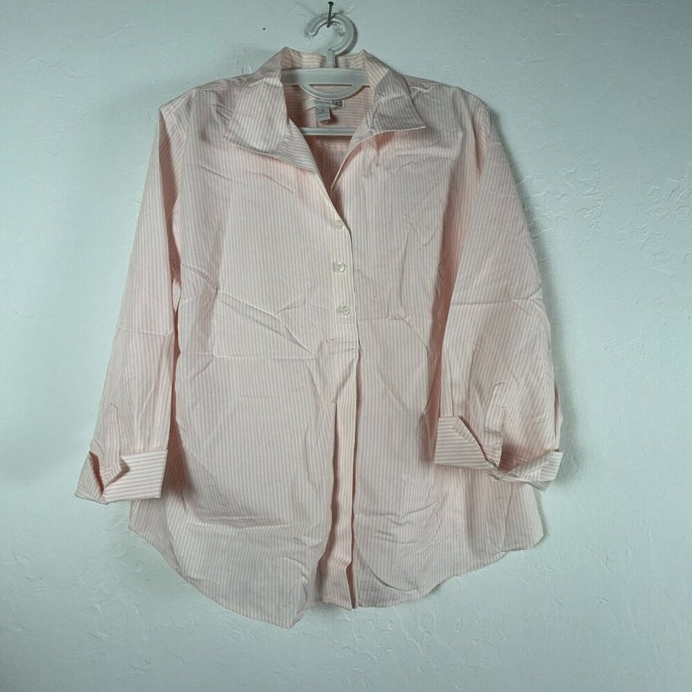 Chico's Women's Striped Pattern 3/4 Sleeve Non-Iron Casual Blouse Pink White 3